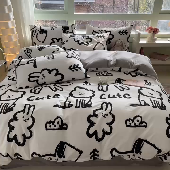 91家纺网 家纺一手货源 找家纺 琪格格 2025春夏新款全棉纯棉40S13372小清新四件套 可爱萌宠