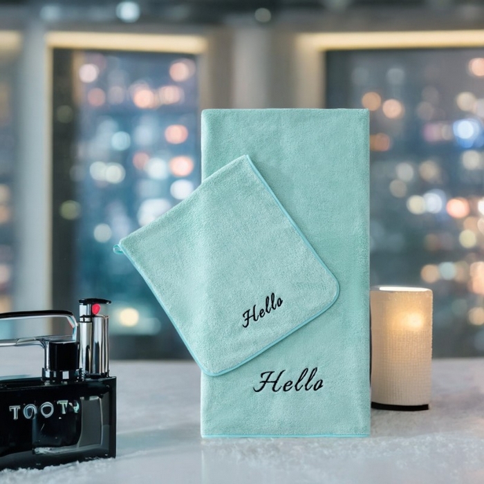 91家纺网 家纺一手货源 找家纺 彩虹毛巾2025新款Hello珊瑚绒毛巾浴巾两件套跨境加厚吸水毛巾浴巾套装 1条浴巾+1条毛巾-绿色