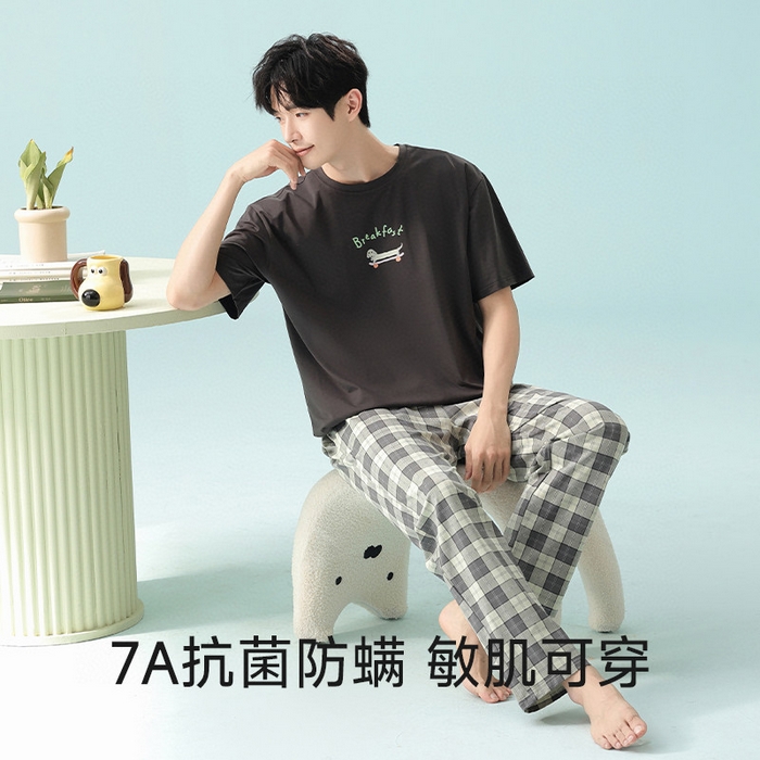 91家纺网 家纺一手货源 找家纺 （总）妍景家居生活馆2025新款男士圆领短袖长裤滑板狗狗-5E5141