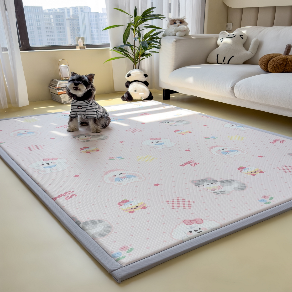 91家纺网 家纺一手货源 找家纺 席世家 2025新款印花豆豆多功能垫 粉色乐园