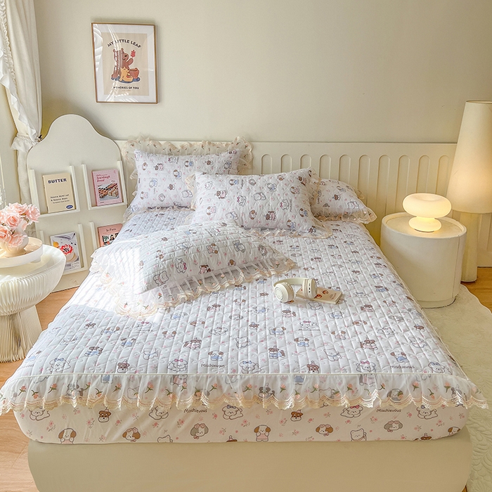 91家纺网 家纺一手货源 找家纺 麒豆豆 2025新款水洗棉印花床笠三件套 汪汪乐园