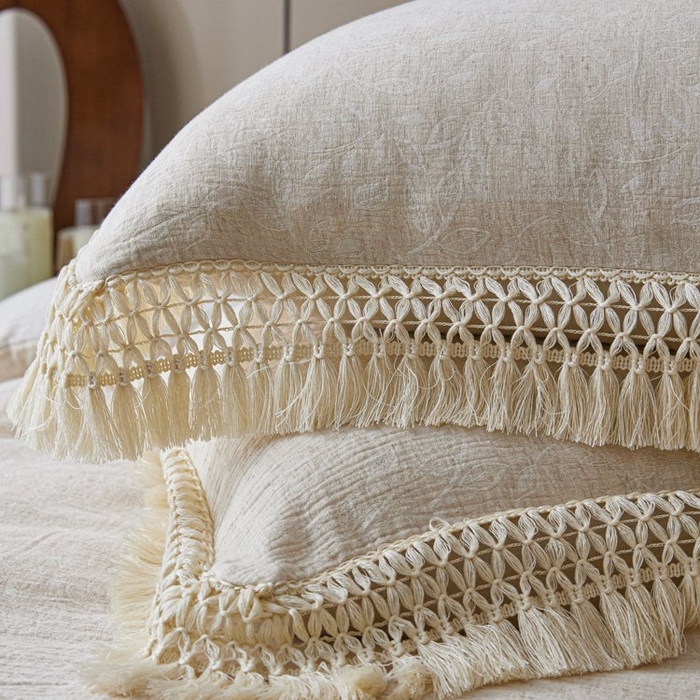 91家纺网 家纺一手货源 找家纺 鲁爱家纺供货 2025新款棉麻流苏款四件套 棉麻小花