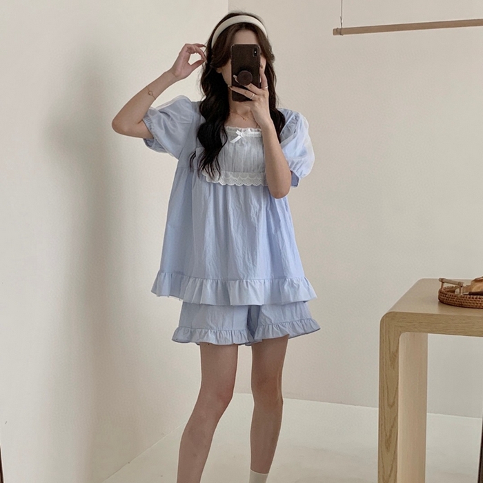 91家纺网 家纺一手货源 找家纺 2025新款韩系蕾丝花边方领套装-82967 天蓝色