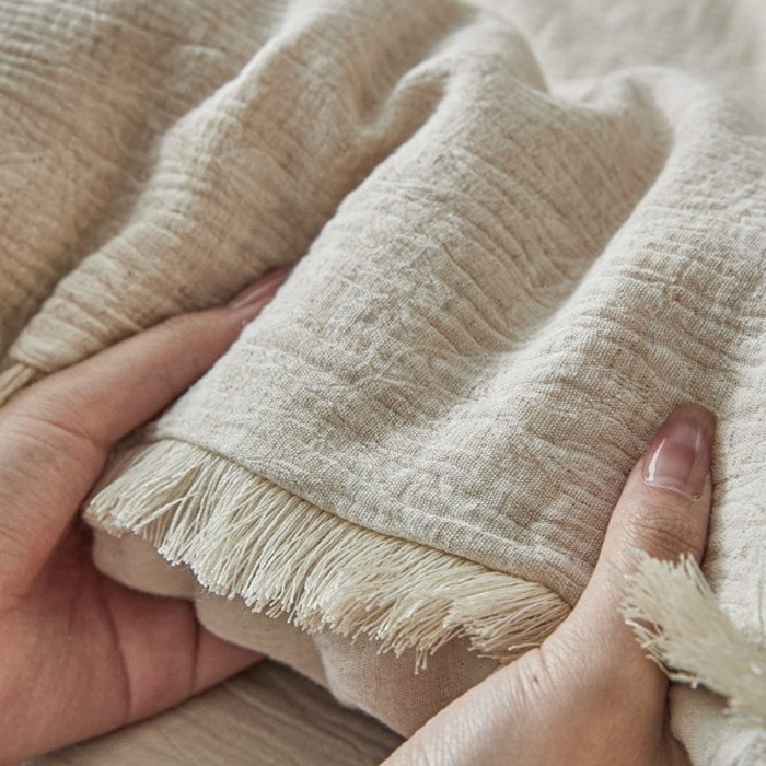 91家纺网 家纺一手货源 找家纺 鲁爱家纺供货 2025新款棉麻流苏款四件套 棉麻小花