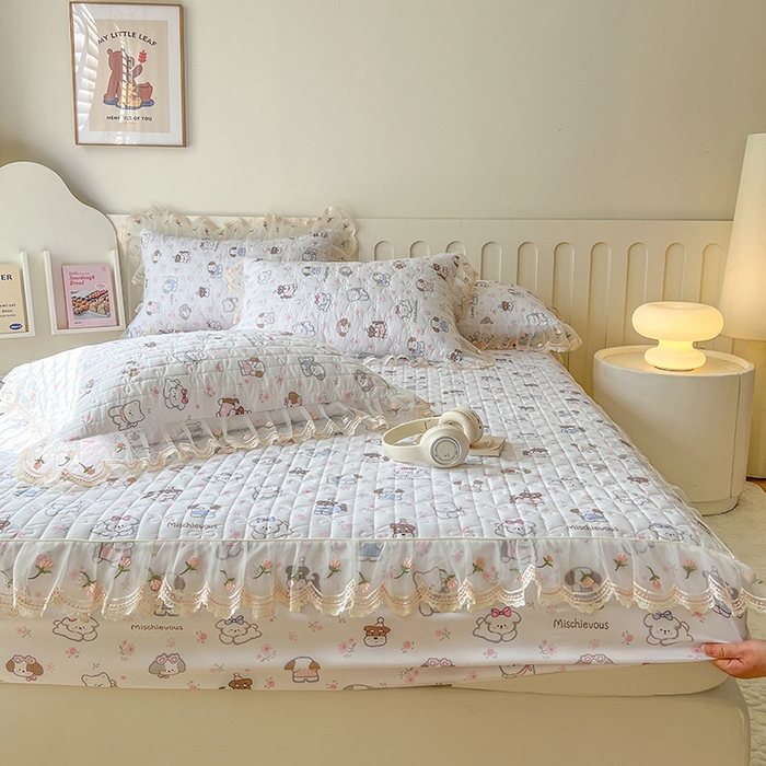 91家纺网 家纺一手货源 找家纺 麒豆豆 2025新款水洗棉印花床笠三件套 汪汪乐园