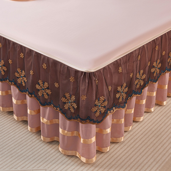 91家纺网 家纺一手货源 找家纺 情恒家纺 2025新款纯色可拆卸PE海洋丝床裙席三件套 密语粉