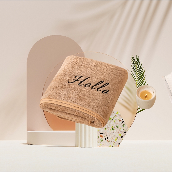 91家纺网 家纺一手货源 找家纺 彩虹毛巾2025新款Hello珊瑚绒毛巾浴巾两件套跨境加厚吸水毛巾浴巾套装 70*140cm浴巾一条-咖色