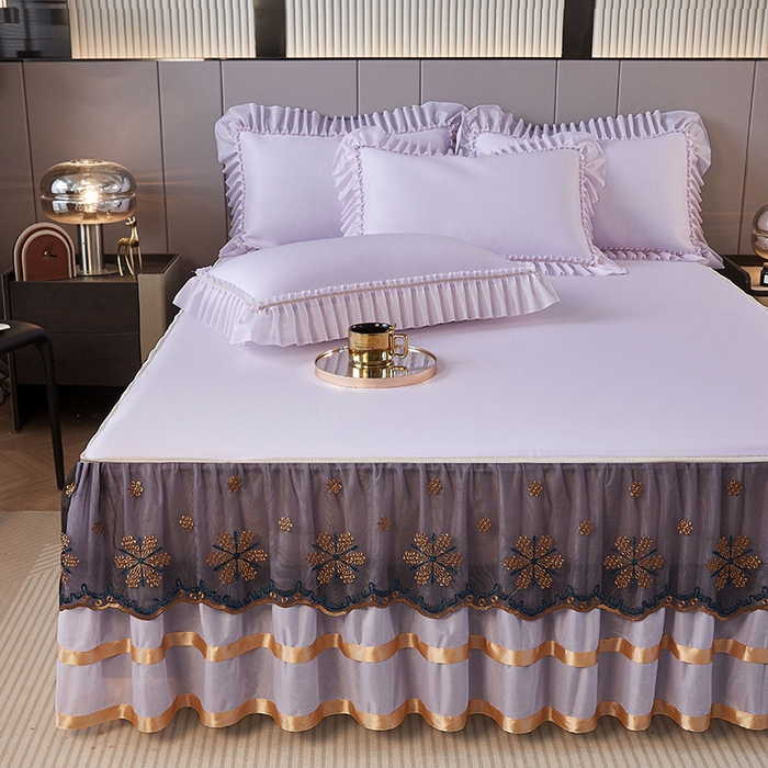 91家纺网 家纺一手货源 找家纺 情恒家纺 2025新款纯色可拆卸PE海洋丝床裙席三件套 优雅紫