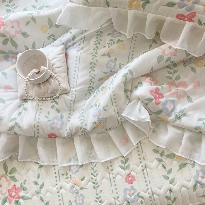 91家纺网 家纺一手货源 找家纺 慕澄2025新款小版印花床裙款乳胶凉席凉感丝夏被四件套 春季花花