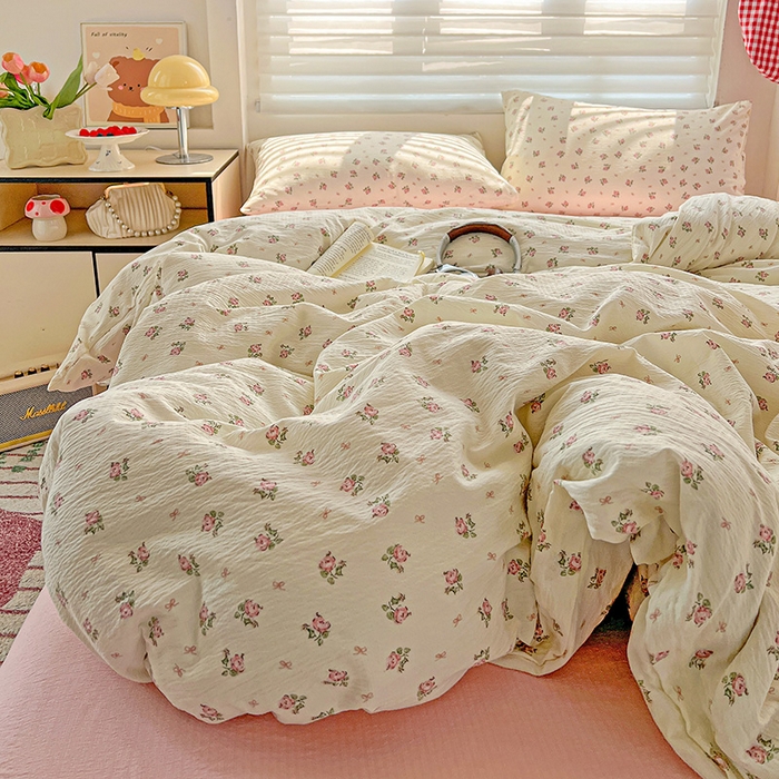 91家纺网 家纺一手货源 找家纺 名品家纺 2025新款云感皱皱双层纱四件套 甜甜心事