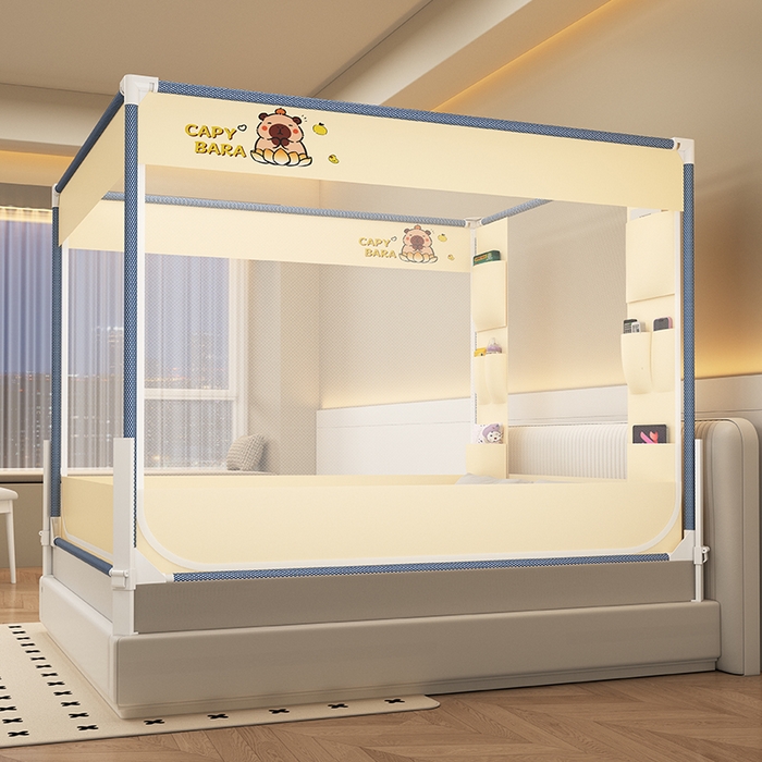 91家纺网 家纺一手货源 找家纺 无瑕家居 2025新款高级围栏家用卧室加粗儿童防止掉床超大空间免安装坐床蚊帐围栏款蚊帐储物围栏蚊帐系列 卡皮巴拉黄