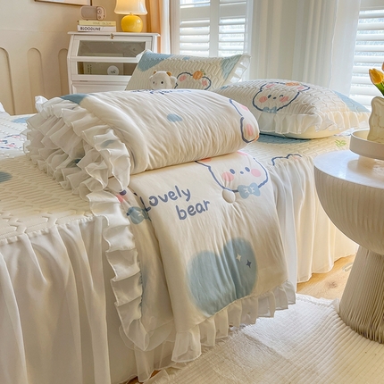 慕澄2025新款小版印花床裙款乳胶凉席凉感丝夏被四件套 爱心小熊