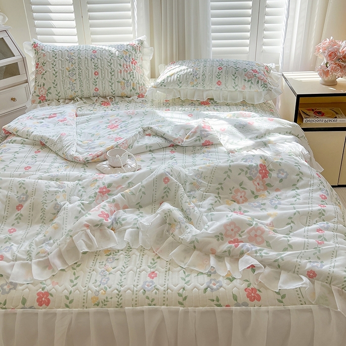 91家纺网 家纺一手货源 找家纺 慕澄2025新款小版印花床裙款乳胶凉席凉感丝夏被四件套 春季花花