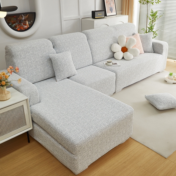 91家纺网 家纺一手货源 找家纺 丝绮鹿 2025新款竹节雪尼尔沙发套松紧款（贵妃图） 月光浅灰