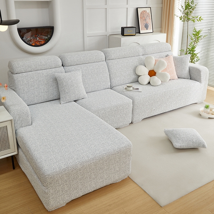 91家纺网 家纺一手货源 找家纺 丝绮鹿 2025新款竹节雪尼尔沙发套松紧款（贵妃图） 月光浅灰