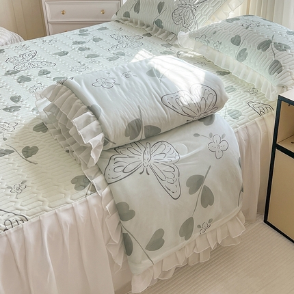 慕澄2025新款小版印花床裙款乳胶凉席凉感丝夏被四件套 绿色蝶
