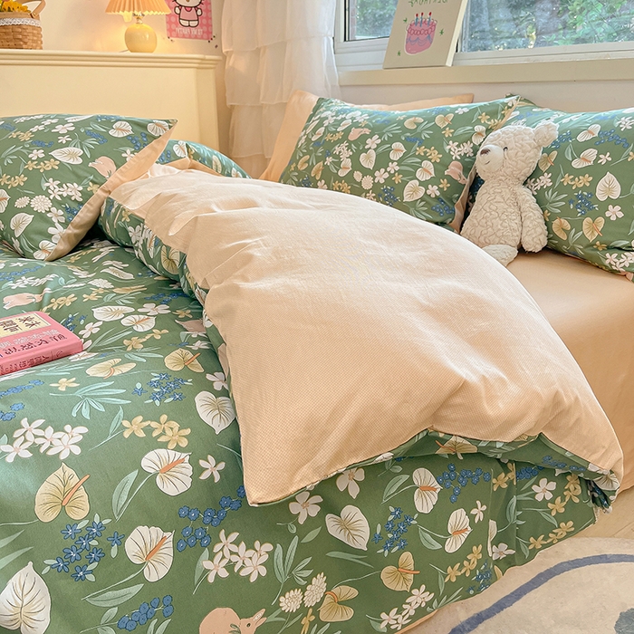 91家纺网 家纺一手货源 找家纺 琪格格 2025春夏新款全棉纯棉40S13372小清新四件套 闲庭花开