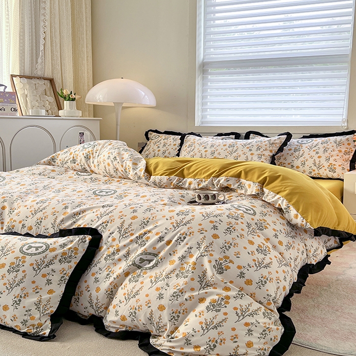 91家纺网 家纺一手货源 找家纺 曼璐家纺 2025新款有氧水洗棉赫本风法式黑色花边四件套 假日-橘