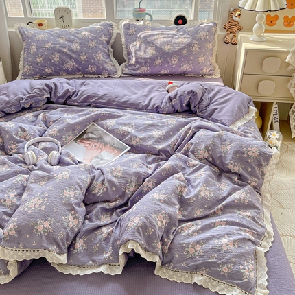 2025新款云感木棉皱皱双层纱全棉花边四件套 豆蔻