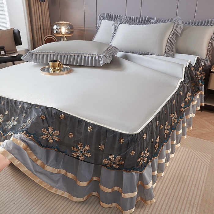 91家纺网 家纺一手货源 找家纺 情恒家纺 2025新款纯色可拆卸PE海洋丝床裙席三件套 绅士灰