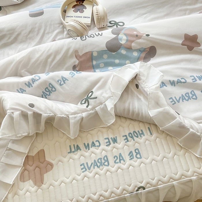 91家纺网 家纺一手货源 找家纺 慕澄2025新款小版印花床裙款乳胶凉席凉感丝夏被四件套 星星狗