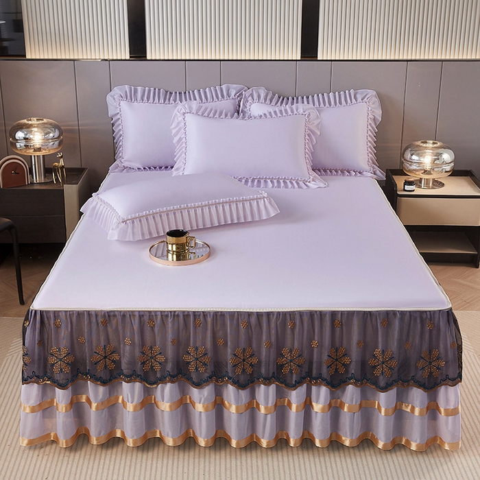 91家纺网 家纺一手货源 找家纺 情恒家纺 2025新款纯色可拆卸PE海洋丝床裙席三件套 优雅紫