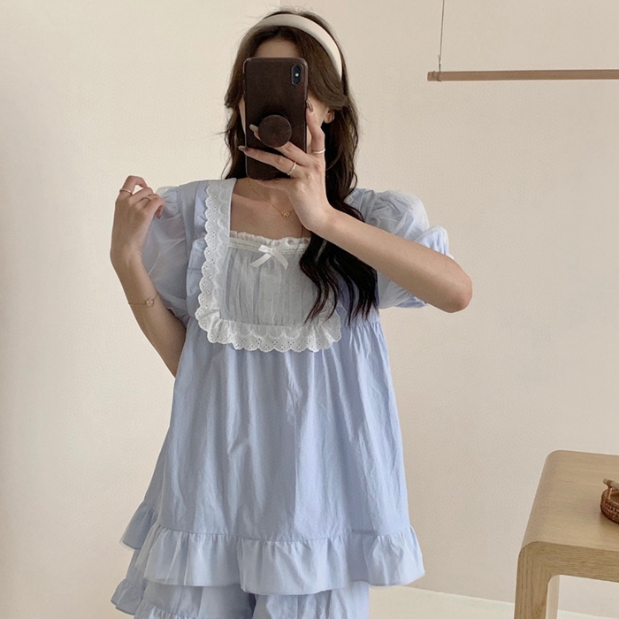 91家纺网 家纺一手货源 找家纺 2025新款韩系蕾丝花边方领套装-82967 天蓝色