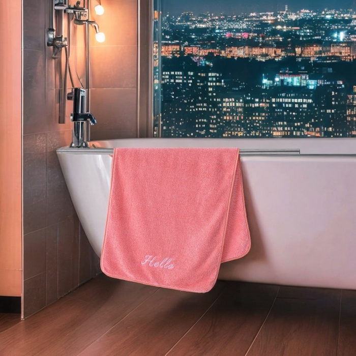91家纺网 家纺一手货源 找家纺 彩虹毛巾2025新款Hello珊瑚绒毛巾浴巾两件套跨境加厚吸水毛巾浴巾套装 35*75cm毛巾一条-粉色