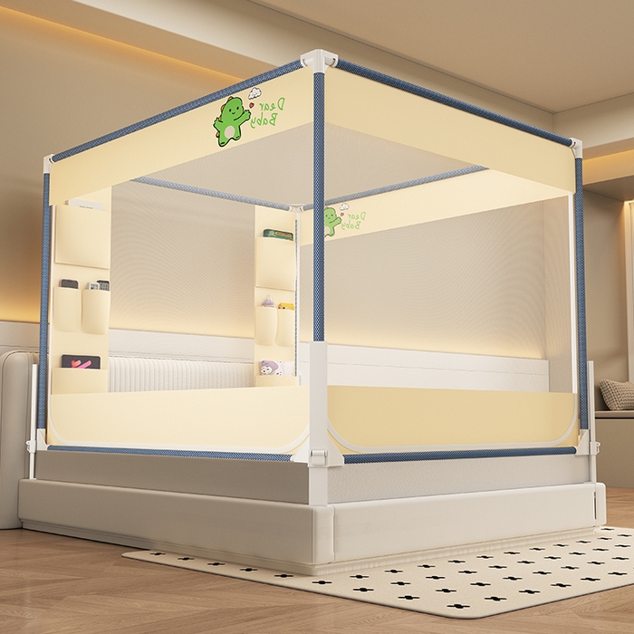 91家纺网 家纺一手货源 找家纺 无瑕家居 2025新款高级围栏家用卧室加粗儿童防止掉床超大空间免安装坐床蚊帐围栏款蚊帐储物围栏蚊帐系列 绿色小恐龙