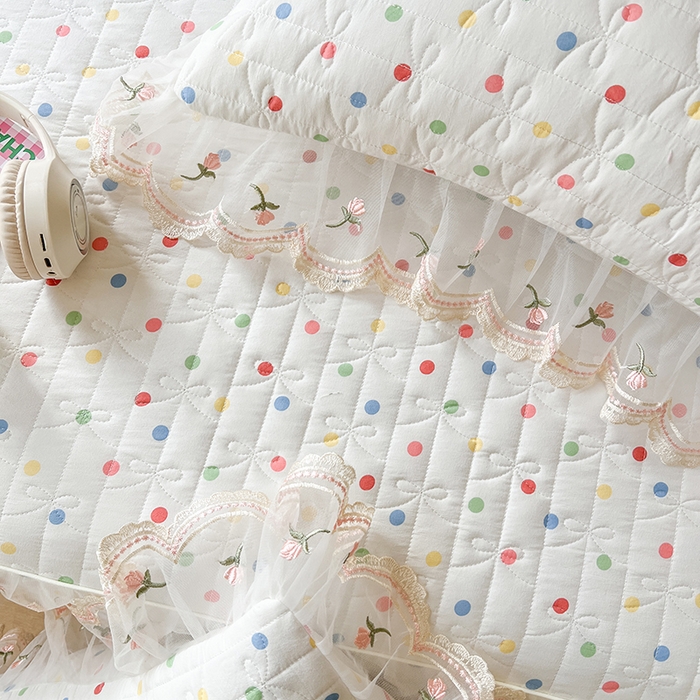 91家纺网 家纺一手货源 找家纺 麒豆豆 2025新款水洗棉印花床笠三件套 奶油波点