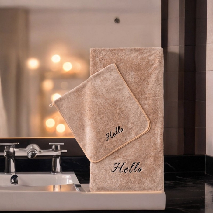 91家纺网 家纺一手货源 找家纺 彩虹毛巾2025新款Hello珊瑚绒毛巾浴巾两件套跨境加厚吸水毛巾浴巾套装 1条浴巾+1条毛巾-咖色