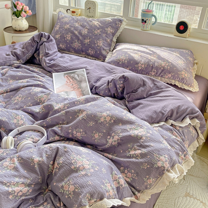 91家纺网 家纺一手货源 找家纺 2025新款云感木棉皱皱双层纱全棉花边四件套 豆蔻