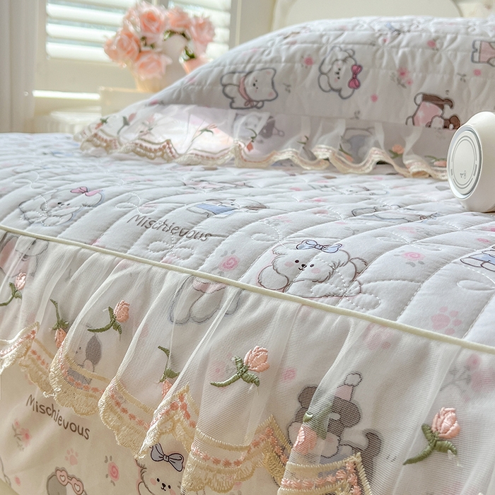 91家纺网 家纺一手货源 找家纺 麒豆豆 2025新款水洗棉印花床笠三件套 汪汪乐园