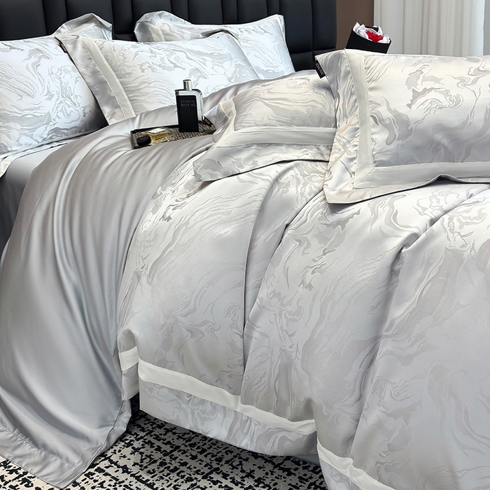 91家纺网 家纺一手货源 找家纺 2025新品床上用品高端A类100支天丝棉贡缎提花四件套全棉纯棉长绒棉夏季轻奢真丝全工艺 南溪-银衫灰