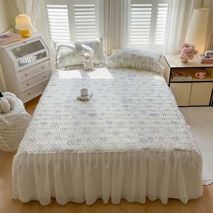 慕澄2025新款小清新印花凉感丝花床裙款乳胶凉席 紫系小兔