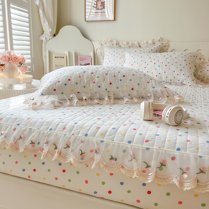 91家纺网 家纺一手货源 找家纺 麒豆豆 2025新款水洗棉印花床笠三件套 奶油波点