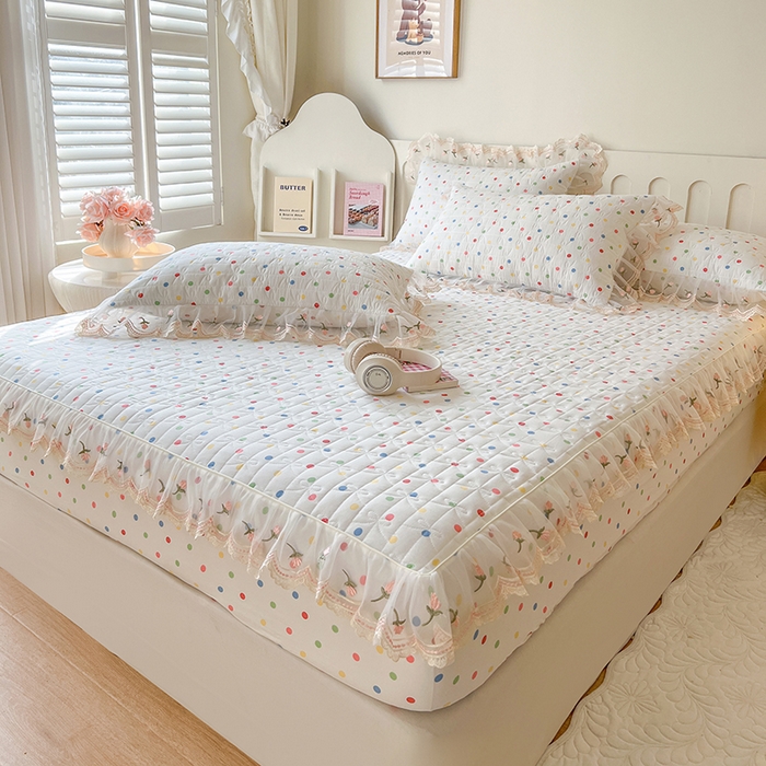 91家纺网 家纺一手货源 找家纺 麒豆豆 2025新款水洗棉印花床笠三件套 奶油波点