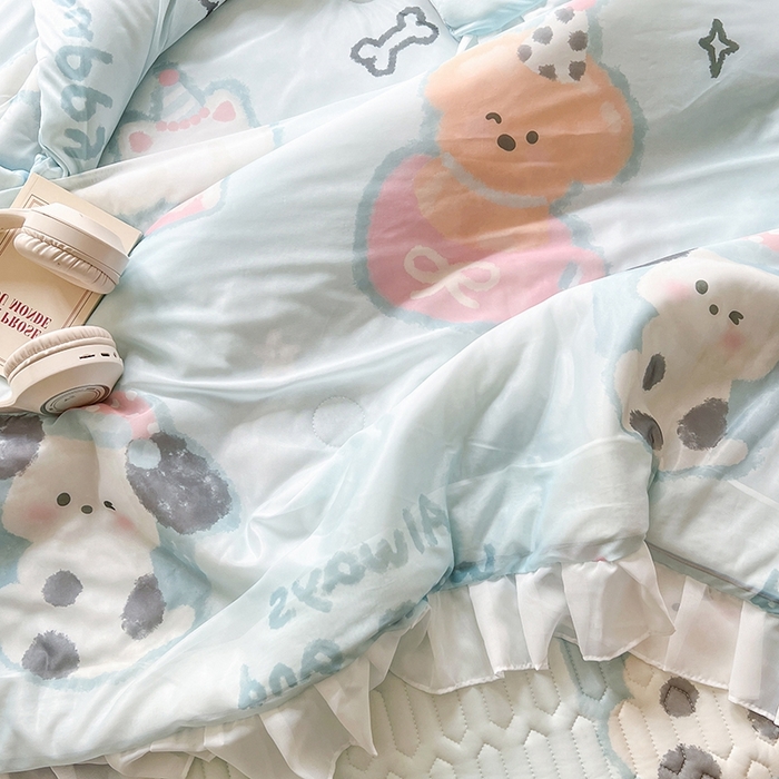 91家纺网 家纺一手货源 找家纺 慕澄2025新款小清新印花凉感丝花床裙款乳胶凉席 嘟嘟旺仔