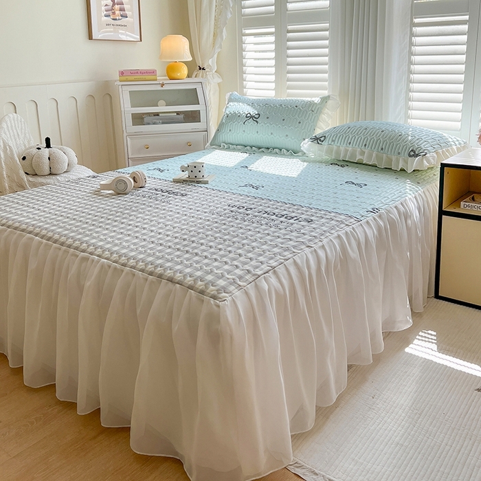 91家纺网 家纺一手货源 找家纺 慕澄2025新款小清新印花凉感丝花床裙款乳胶凉席 蓝色浪漫