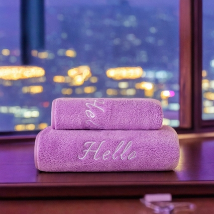 彩虹毛巾2025新款Hello珊瑚绒毛巾浴巾两件套跨境加厚吸水毛巾浴巾套装 1条浴巾+1条毛巾-紫色