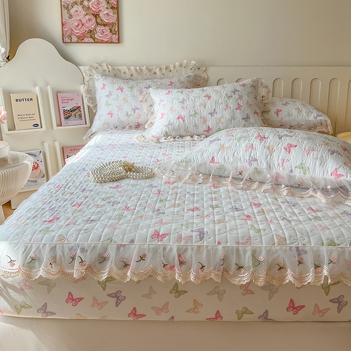 91家纺网 家纺一手货源 找家纺 麒豆豆 2025新款水洗棉印花床笠三件套 蝶之舞