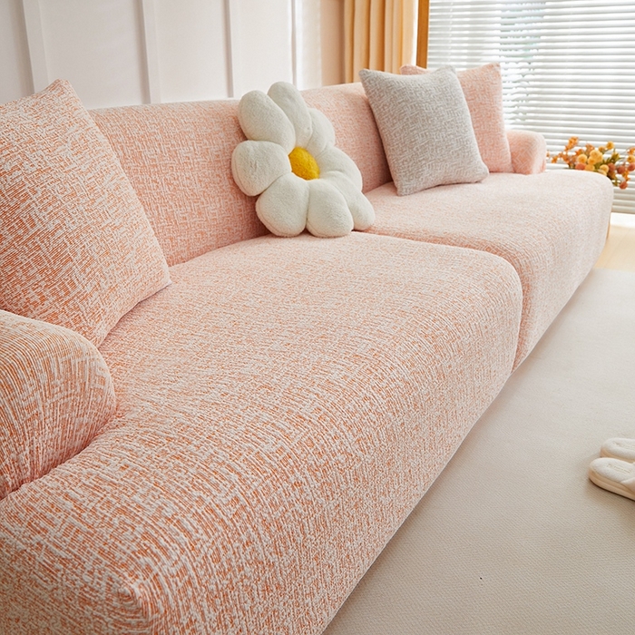 91家纺网 家纺一手货源 找家纺 丝绮鹿 2025新款竹节雪尼尔沙发套松紧款（大三人图）  奶油橘