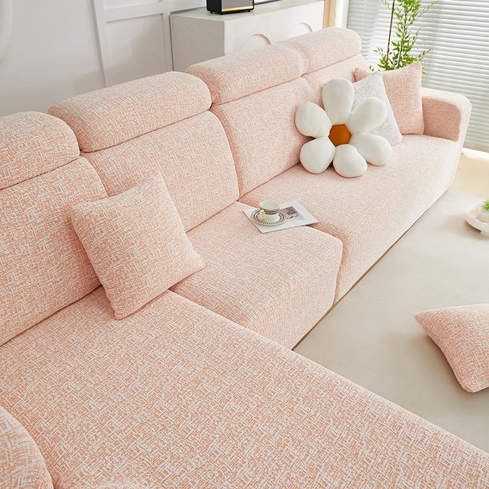 91家纺网 家纺一手货源 找家纺 丝绮鹿 2025新款竹节雪尼尔沙发套松紧款（贵妃图） 奶油橘