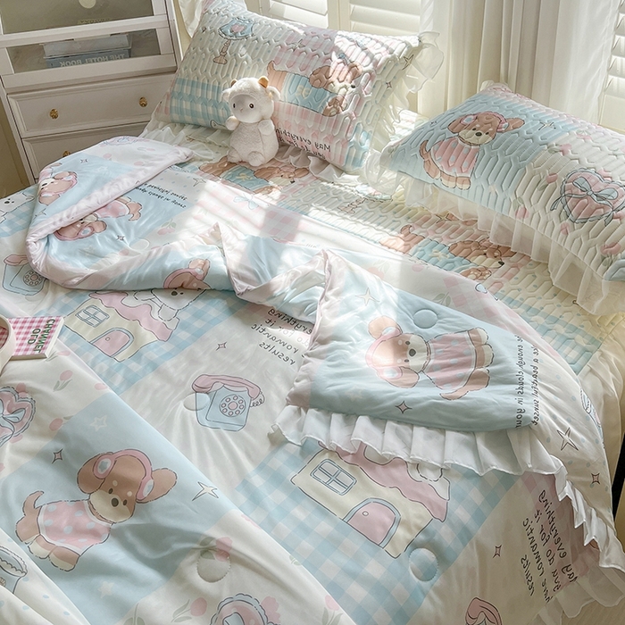 91家纺网 家纺一手货源 找家纺 慕澄2025新款小清新印花凉感丝花床裙款乳胶凉席 音乐会