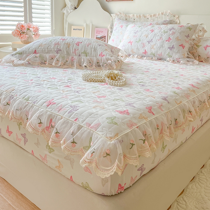 91家纺网 家纺一手货源 找家纺 麒豆豆 2025新款水洗棉印花床笠三件套 蝶之舞