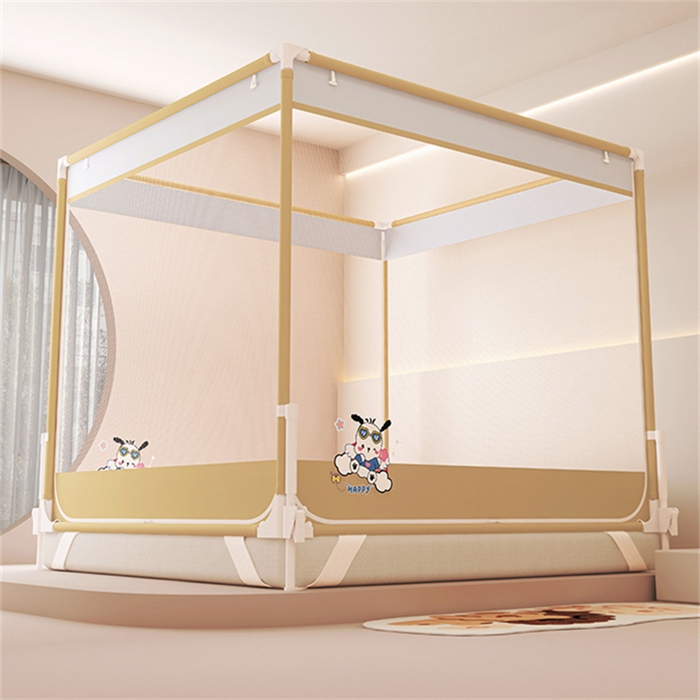 91家纺网 家纺一手货源 找家纺 （总）迪凡保罗蚊帐 2025新款2510小奶狗烫画围栏级防摔外穿杆坐床蚊帐