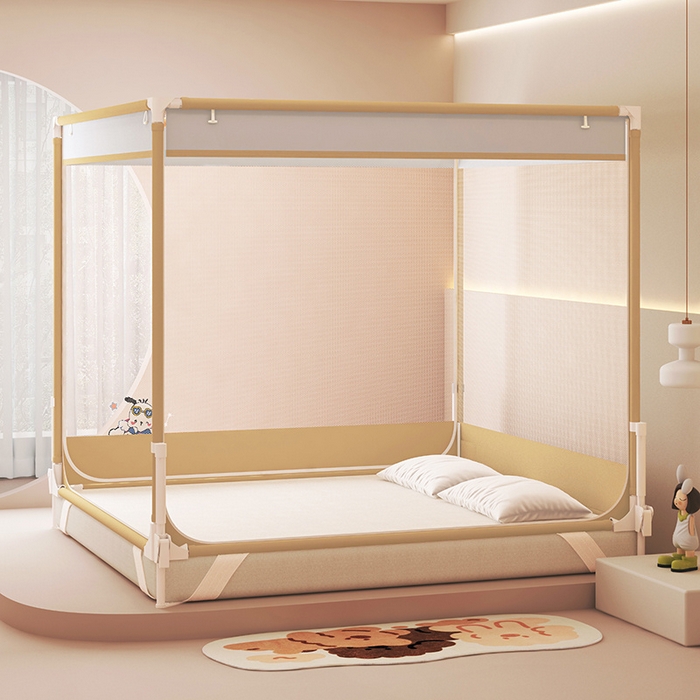 91家纺网 家纺一手货源 找家纺 （总）迪凡保罗蚊帐 2025新款2510小奶狗烫画围栏级防摔外穿杆坐床蚊帐