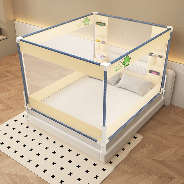 91家纺网 家纺一手货源 找家纺 无瑕家居 2025新款高级围栏家用卧室加粗儿童防止掉床超大空间免安装坐床蚊帐围栏款蚊帐储物围栏蚊帐系列 绿色小恐龙