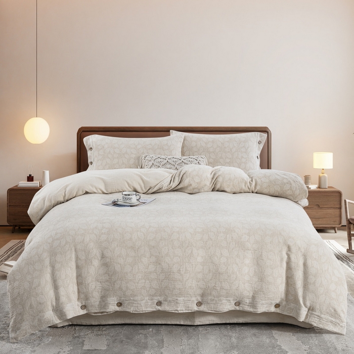 91家纺网 家纺一手货源 找家纺 鲁爱家纺供货 2025新款AB版棉麻纽扣款四件套  卷珠帘