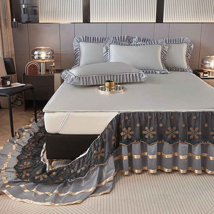 91家纺网 家纺一手货源 找家纺 情恒家纺 2025新款纯色可拆卸PE海洋丝床裙席三件套 绅士灰